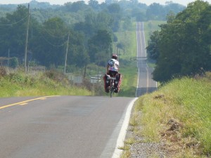 Debbie cycling Route 41 in Missouri