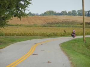 Deb cycling through fields